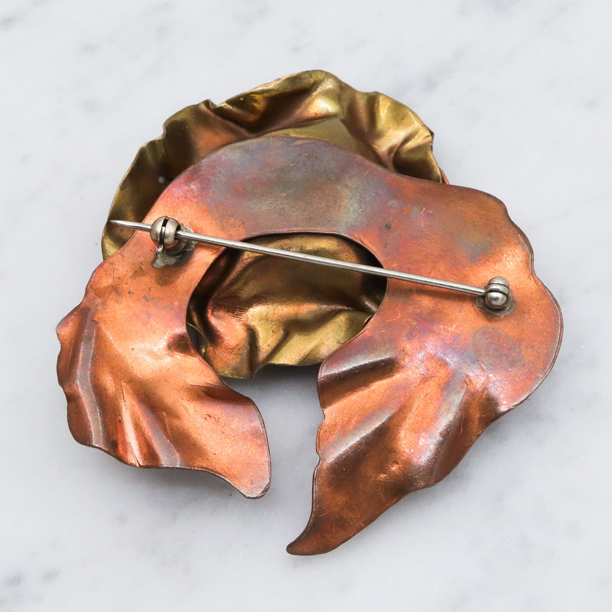 Large 80's brass & copper handmade brooch with sodalite center